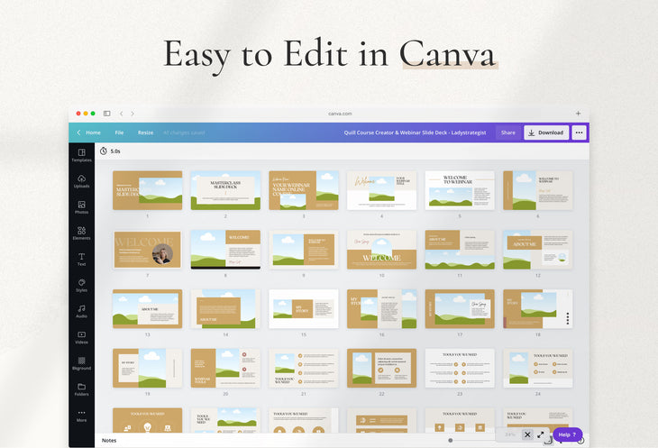 Quill Course Creator and Webinar Deck Fully Editable Canva Template