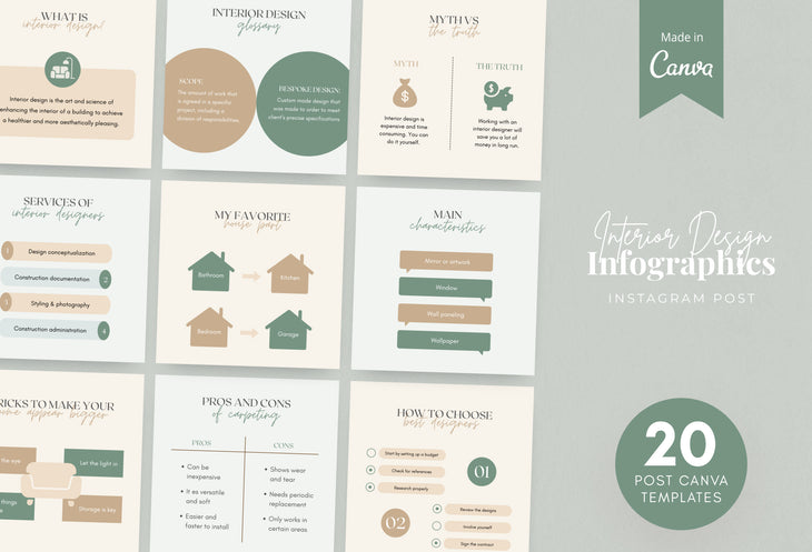 20 Interior Design Infographics Instagram Engagement Posts Fully Editable Canva Templates
