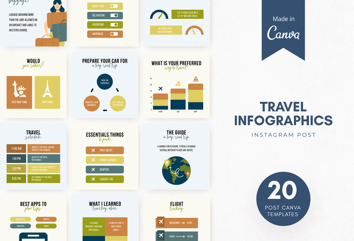 20 Travel Infographics Instagram Engagement Posts Fully Editable Canva Templates