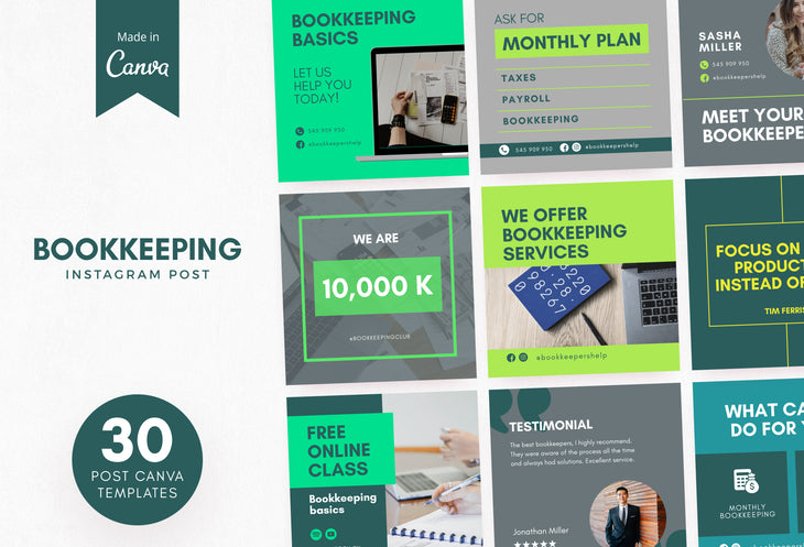 30 Bookkeeping Instagram Post Editable Canva Templates V2