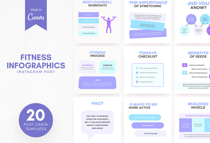 20 Fitness Infographics Instagram Posts Fully Editable Canva Templates