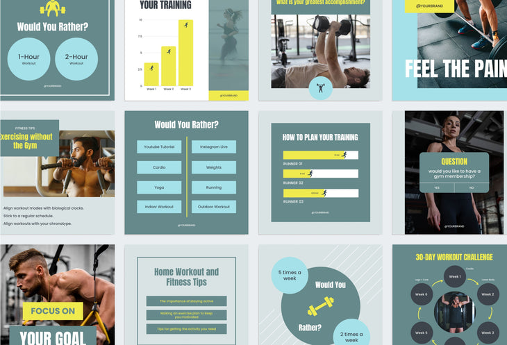FITNESS DARK CYAN 97 Done-for-You Fitness Instagram Posts Fully Editable Canva Templates